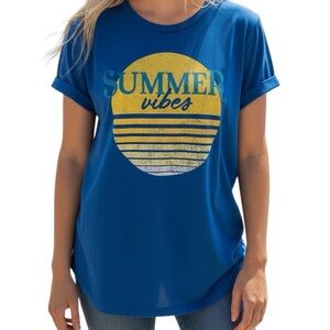 a.n.a Blue Short Sleeve Tee with Yellow 'Summer Vibes' Graphic Size Medium